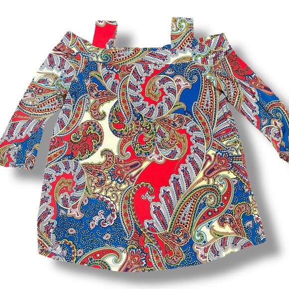 Chico's Top Size 0 (4/6) Multicolor Paisley 3/4 Sleeve Liquid Knit Cold Shoulder - Picture 2 of 7